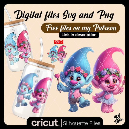 Diseño SVG para Cricut - Valentine Day Trolls Branch and Poppy Heart SVG, JPG, PNG, Gifts for kids, Valentine's Day Gift, gift for her, Trolls Movie, Digital - MenteczSVG