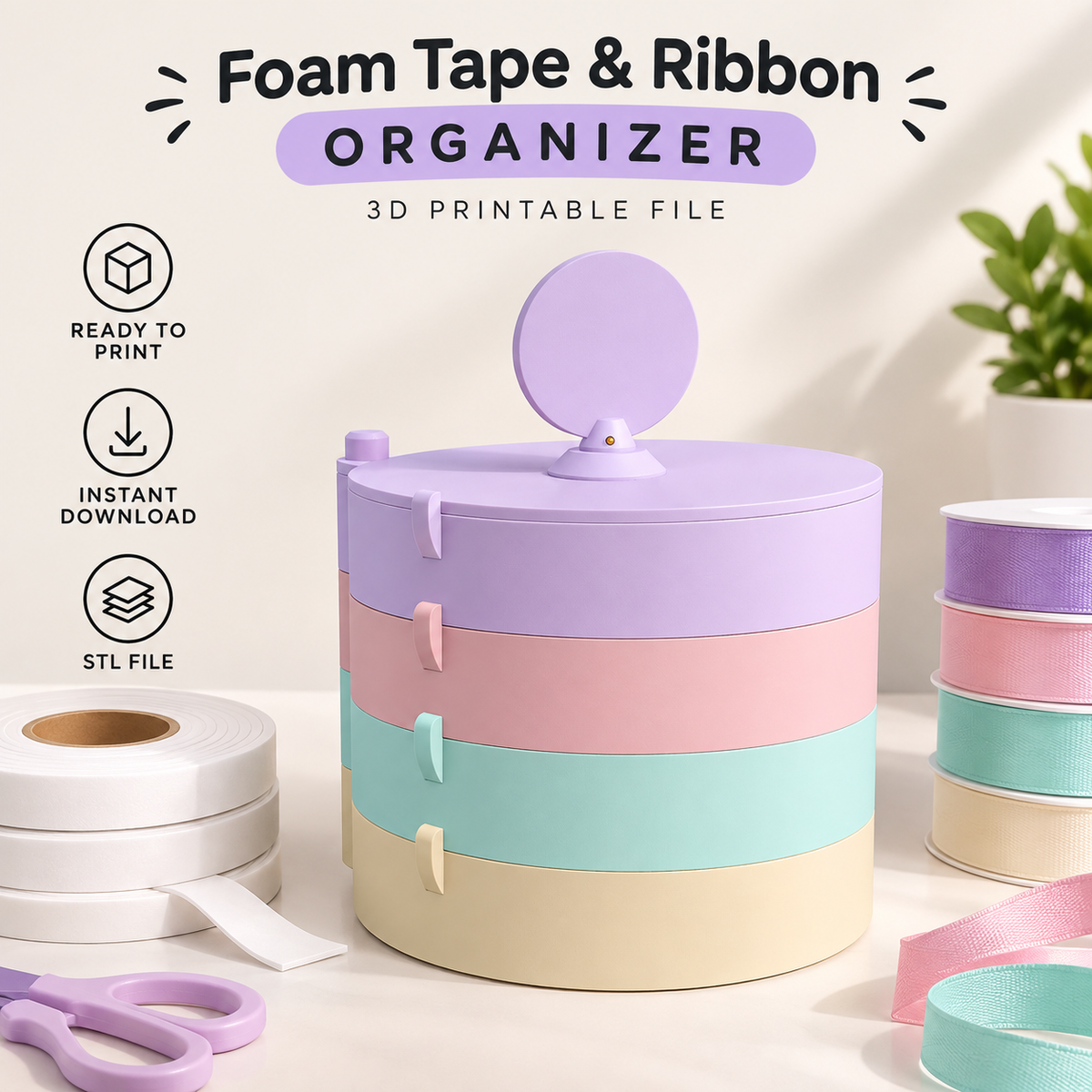 Foam tape and ribbon organizer, in 3MF format, ready to print.