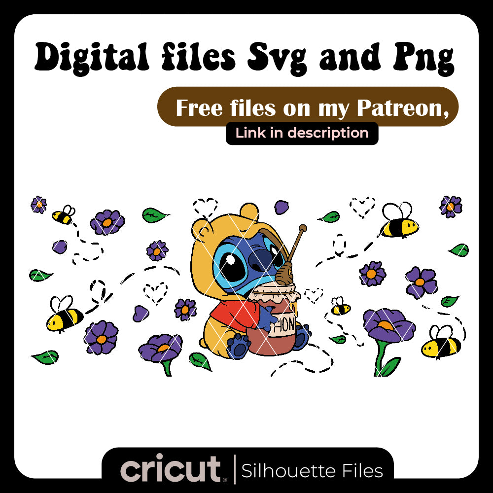 Stitch dressed as winnie the pooh with a jar of honey svg, wrap for libbey 16oz svg