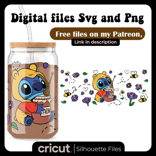 Stitch dressed as winnie the pooh with a jar of honey svg, wrap for libbey 16oz svg