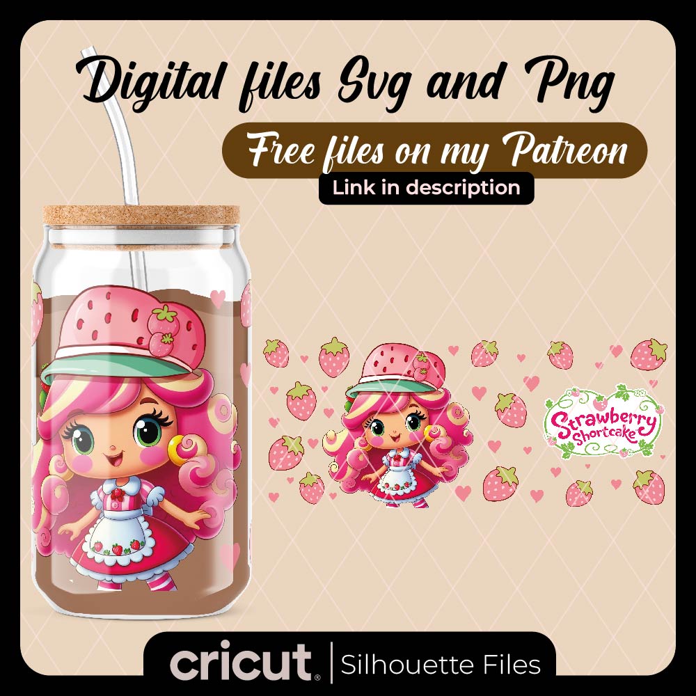 Strawberry shortcake wrap png, glass wrap png, Libbey 16oz, Tumbler 20oz and 40oz, perfect for UVDTF and cricut