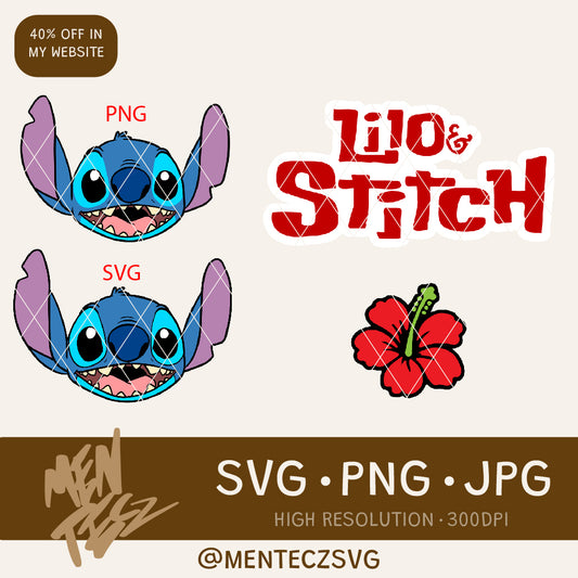 Diseño SVG para Cricut - Stitch head png, svg, Stitch logo svg, Stitch flower in svg, perfect for cricut, cameo, dtf, uvdtf, bundle - MenteczSVG