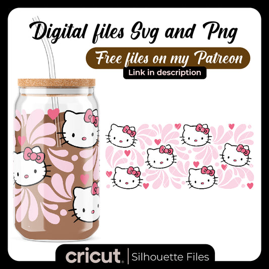 Diseño SVG para Cricut - Mexican talaveras hello kitty Libbey 16oz Can Glass Wrap, 16oz Libbey Talavera SVG, Conchas Can Glass Svg Wrap, Bow Kitten SVG - Cute Pan Dulce - MenteczSVG