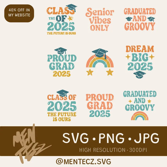 Diseño SVG para Cricut - Retro Graduation 2025 SVG Bundle – 18 Groovy Cut Files for Cricut & Silhouette – Perfect for Shirts, Mugs & Party Decor - MenteczSVG