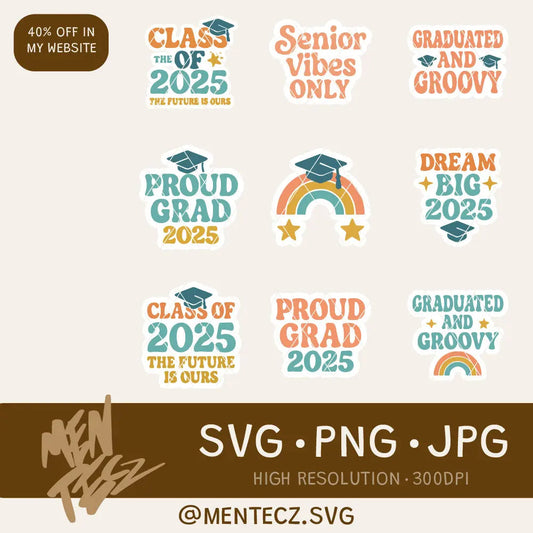 Retro Graduation 2025 SVG Bundle – 18 Groovy Cut Files for Cricut & Silhouette – Perfect for Shirts, Mugs & Party Decor MenteczSVG