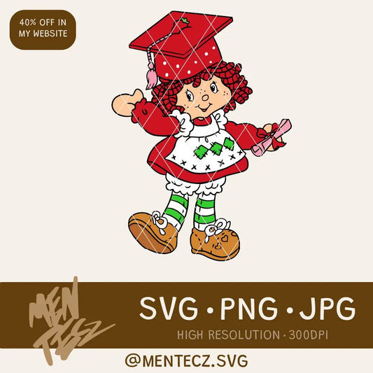 Strawberry Graduation SVG – Doll with Cap and Diploma – Digital Cut Cricut Silhouette MenteczSVG