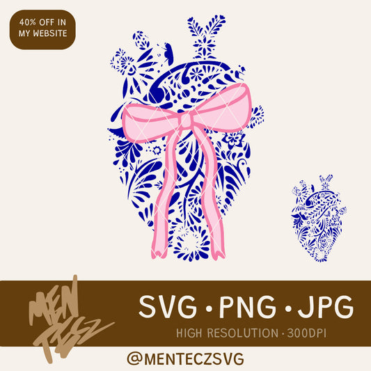 Diseño SVG para Cricut - Mexican Talavera Coquette Corazón SVG PNG JPG Instant Download, Blue Talavera Design, Latina Coqueta Design, Talavera Coquette Heart Svg - MenteczSVG