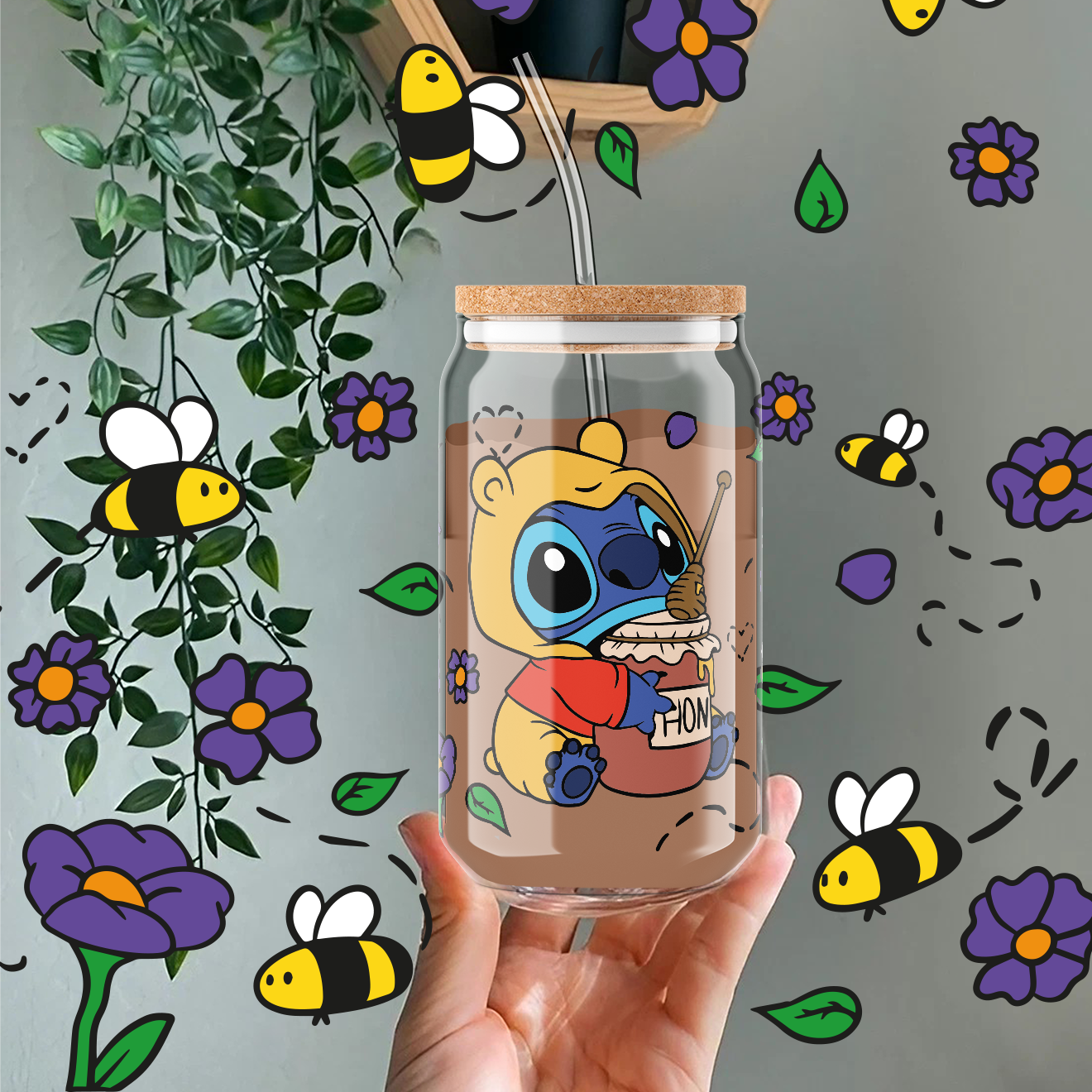 Stitch dressed as winnie the pooh with a jar of honey svg, wrap for libbey 16oz svg