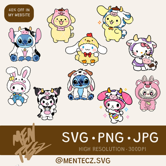 Diseño SVG para Cricut - Bundle hello kitty svg, stitch svg, pig, cow, animals - MenteczSVG
