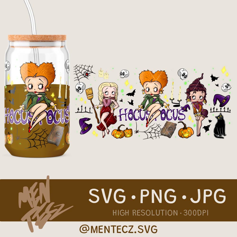 Hocus pocus + Betty loop, Halloween 16oz Glass Can Wrap PNG – | Digital Download for Crafters