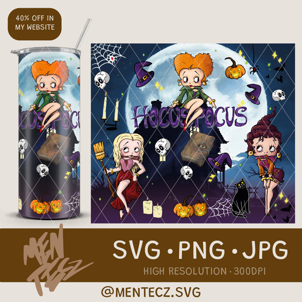 Hocus pocus + Betty loop, Halloween 16oz Glass Can Wrap PNG – | Digital Download for Crafters