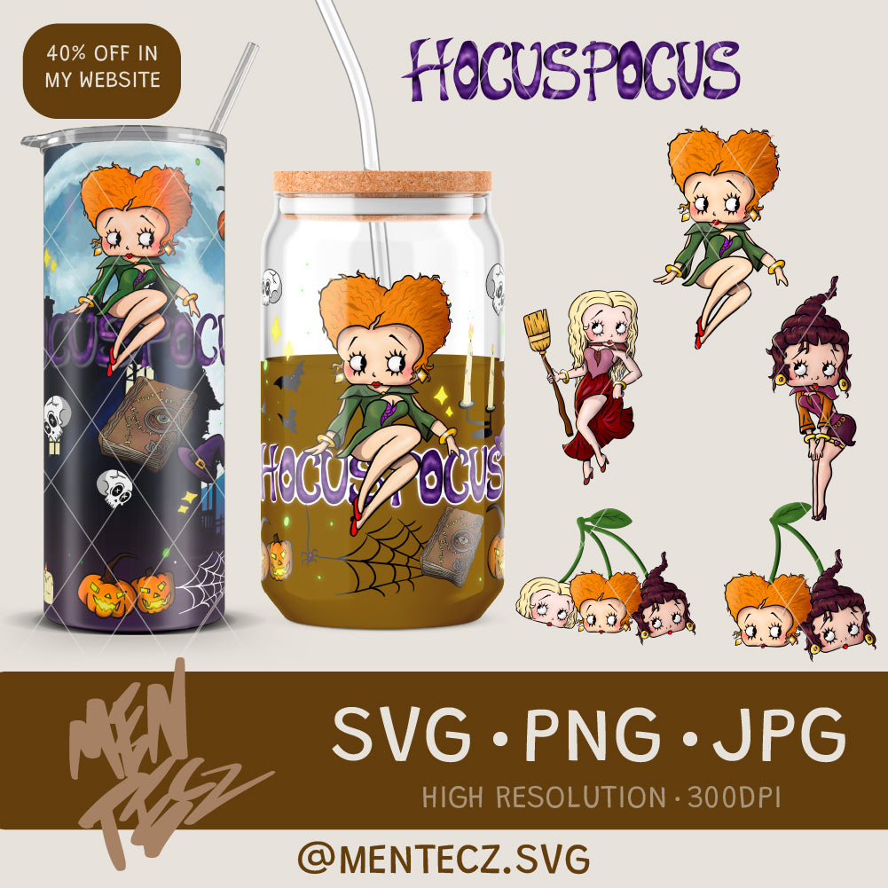 Hocus pocus + Betty loop, Halloween 16oz Glass Can Wrap PNG – | Digital Download for Crafters
