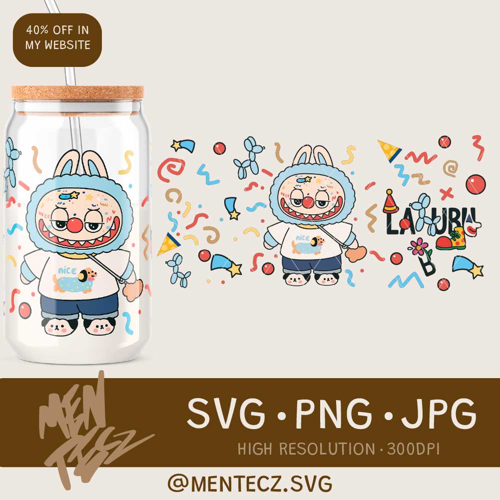 Creepy Cute Labubu Clown Wrap | 16oz Libbey Can Glass, 20oz Tumbler, Shirt & Sweater PNG Design