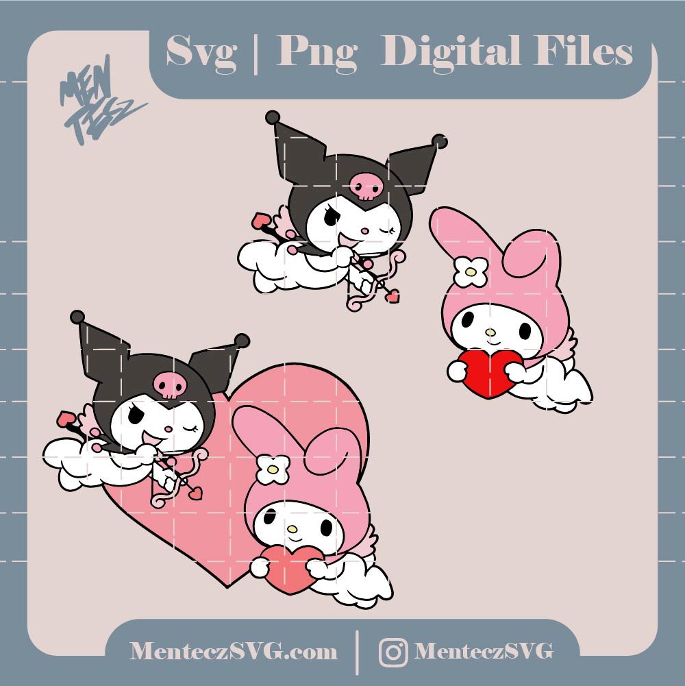 My melody and kuromi svg, Hello kitty Valentine's Day svg, png, jpg, Cupid png, Valentine's Day png,
