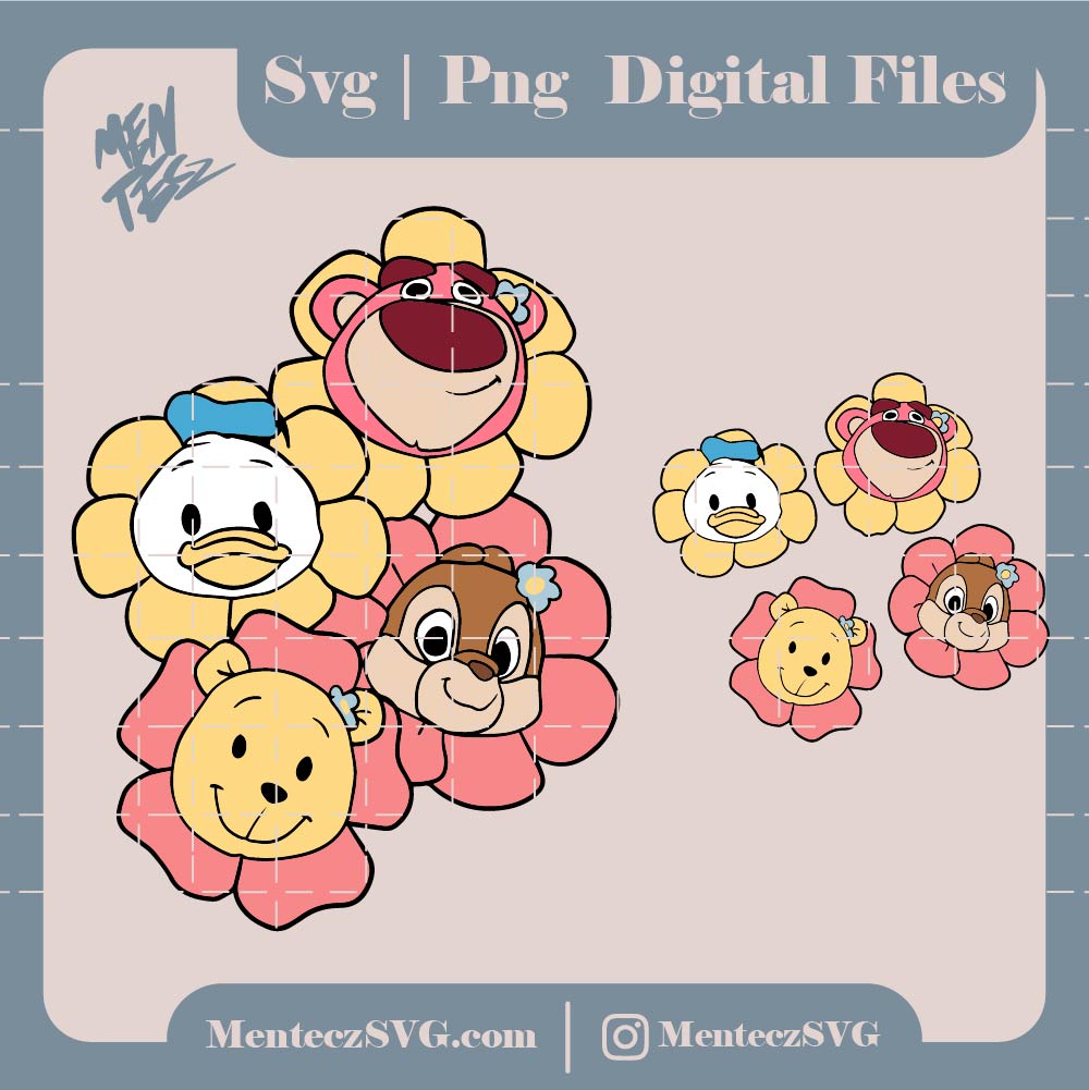 Disney spring flowers svg, png, jpg, Pato Donald, Lotso, oso cariñoso, ardilla, winnie pooh svg, png