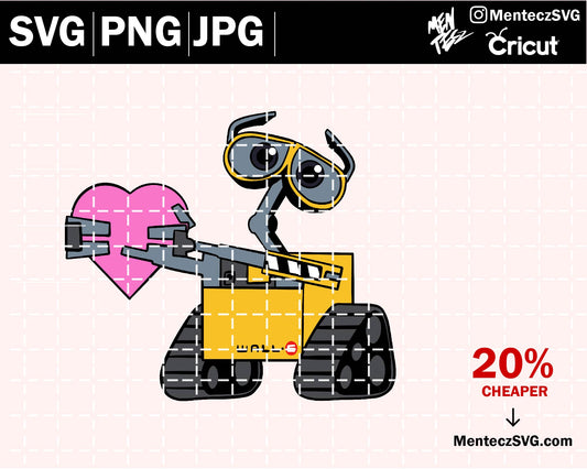 Diseño SVG para Cricut - WALL·E svg, wally svg, robot svg, Aventura/Infantil, san valentine, corazon, heart - MenteczSVG