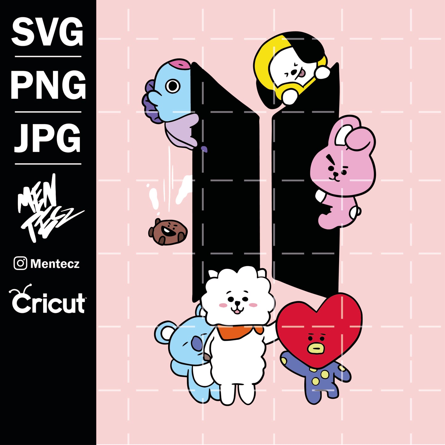 BTS svg / Adorable BT21 BTS members hiding behind the logo svg/ svg files for Cricut and Silhouette/ Kpop star svg/ Clean cut svg file