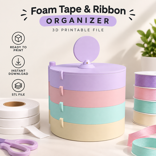 Foam tape and ribbon organizer, in 3MF format, ready to print.