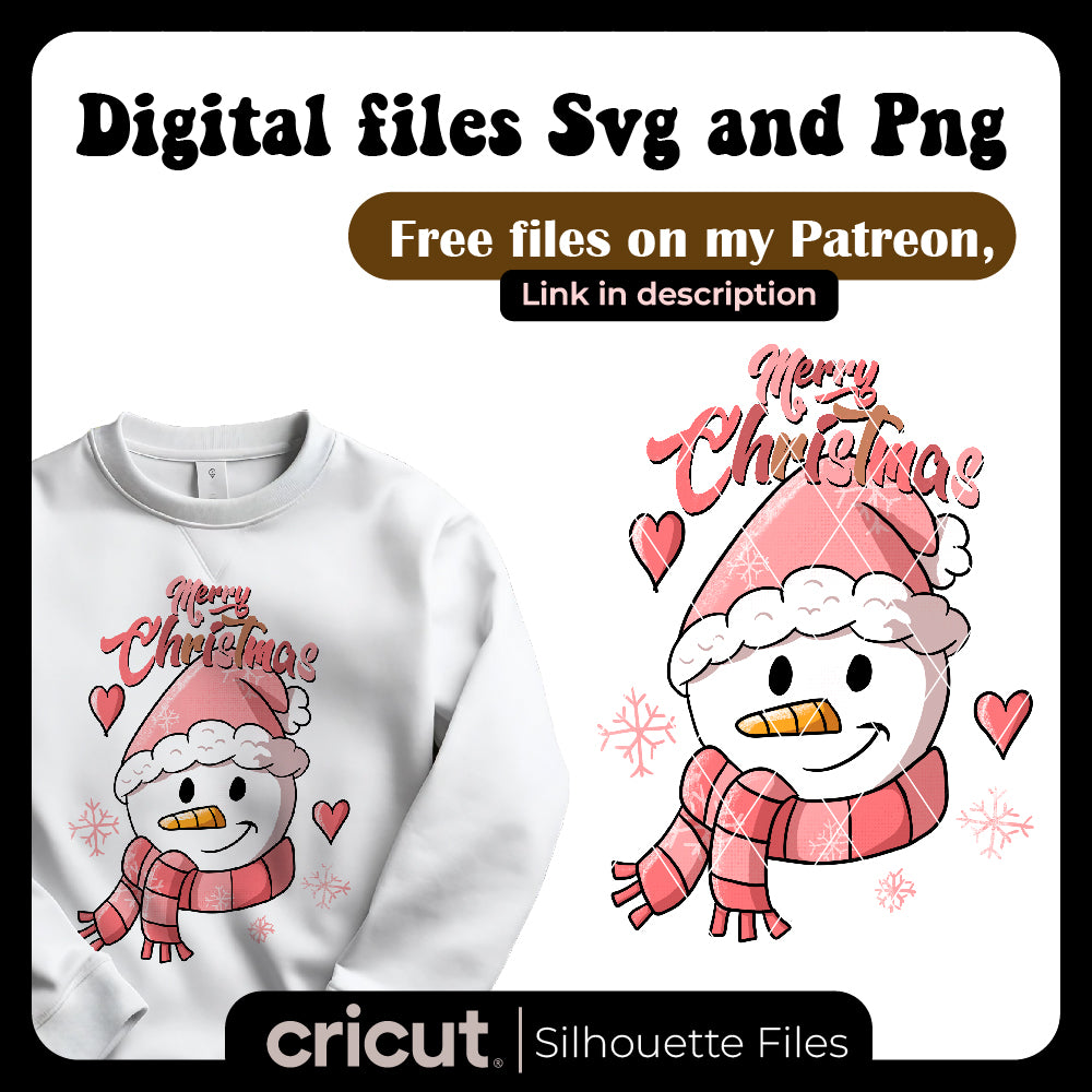 Merry christmas of a pink snowman with scarf png, christmas png , for uv dtf