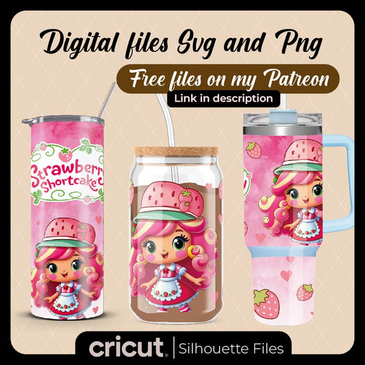 Strawberry shortcake wrap png, glass wrap png, Libbey 16oz, Tumbler 20oz and 40oz, perfect for UVDTF and cricut