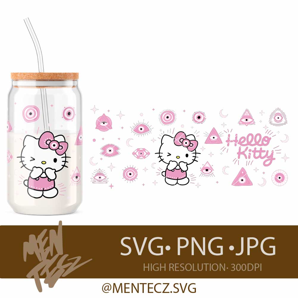 Pink Hello Kitty Evil Eye SVG PNG , Wrap libbey 16oz, Tumbler 20oz ,Cute Protective Eye Design