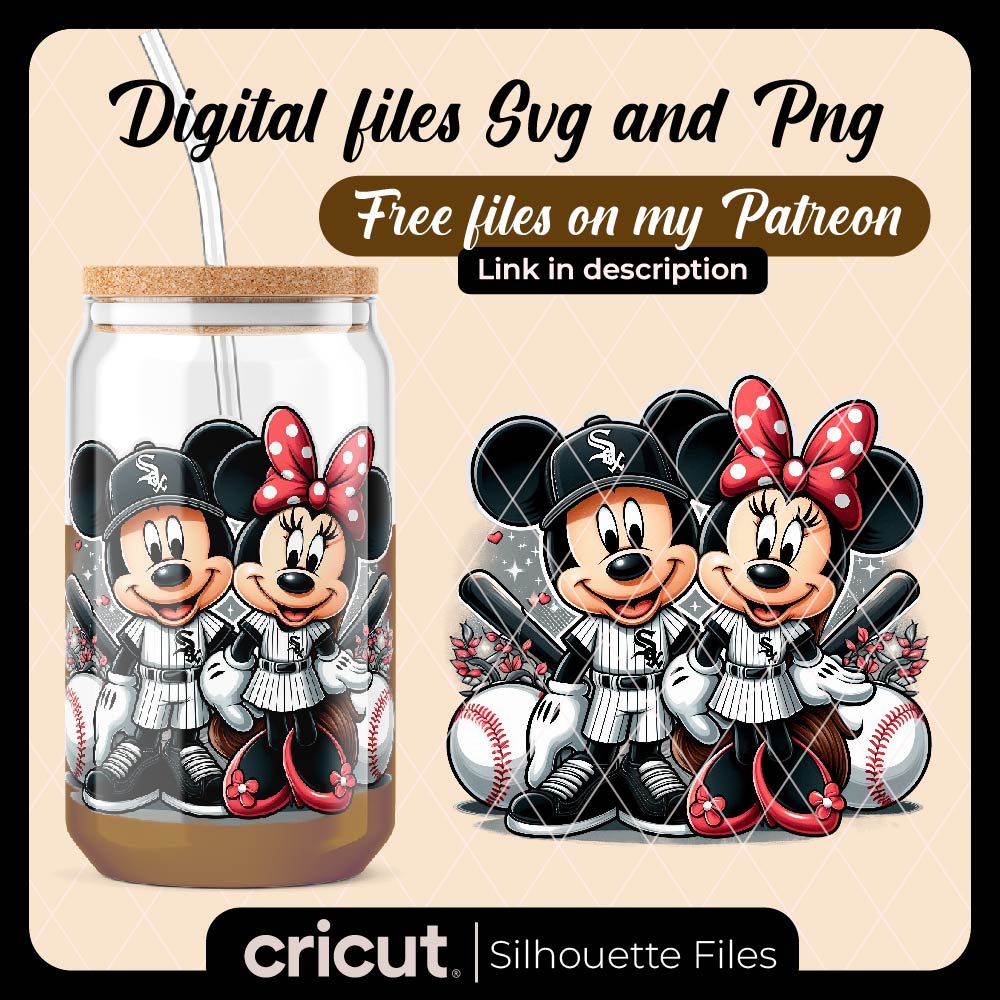 Mickey And Minnie white Sox Fans PNG, Disney Mouse white Sox Baseball PNG, Cute Mickey Minnie Baseball PNG