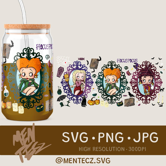 Diseño SVG para Cricut - Halloween Libbey Glass Can Wrap 16oz | Betty Boop Hocus Pocus Sanderson Sisters Sublimation Design - MenteczSVG