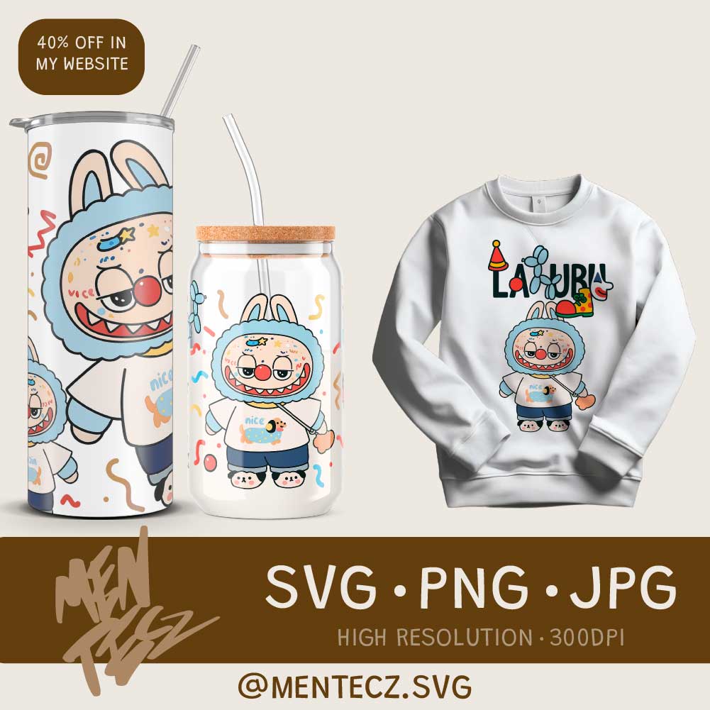 Creepy Cute Labubu Clown Wrap | 16oz Libbey Can Glass, 20oz Tumbler, Shirt & Sweater PNG Design