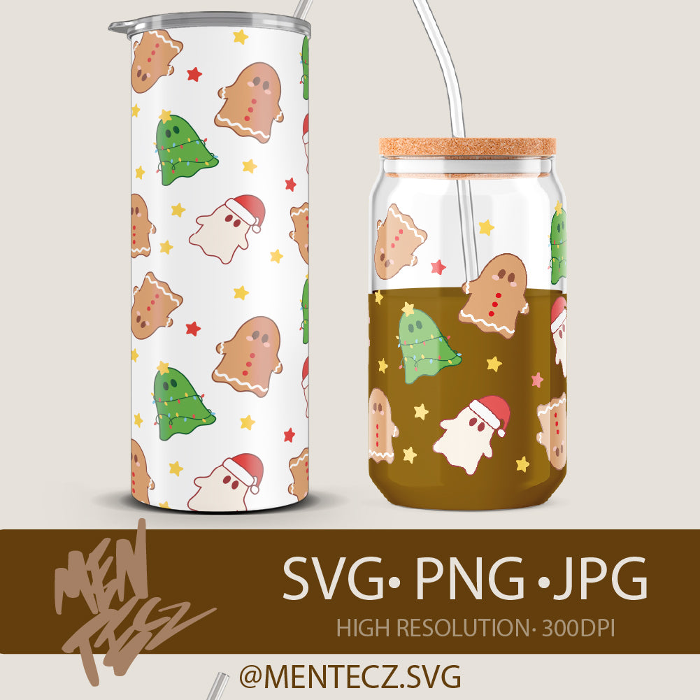 Cute Christmas Ghosts Tumbler & Libbey Glass Wrap | Festive Gingerbread & Ghost SVG PNG JPG | Holiday Sublimation Design 300DPI