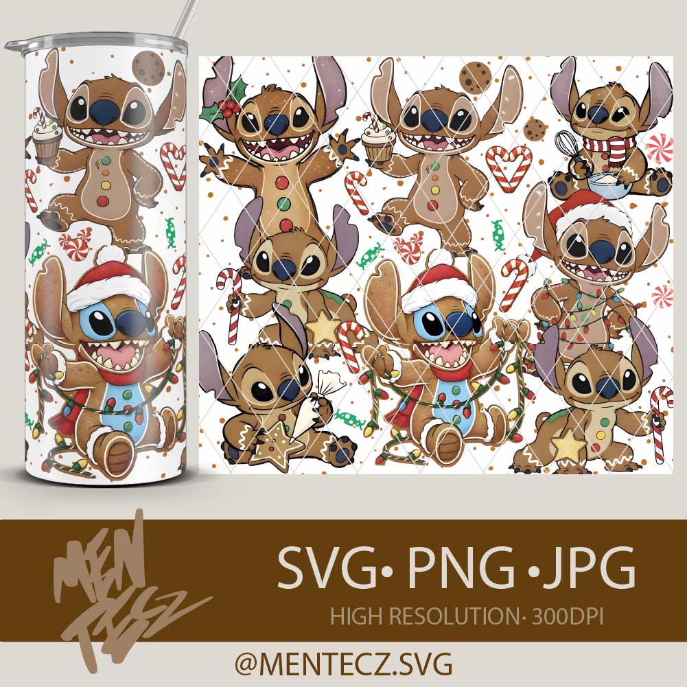 Christmas Stitch Gingerbread Wrap PNG | Libbey 16oz Glass Wrap & 20oz Tumbler Sublimation Design | Holiday Cute Disney Inspired