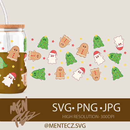 Cute Christmas Ghosts Tumbler & Libbey Glass Wrap | Festive Gingerbread & Ghost SVG PNG JPG | Holiday Sublimation Design 300DPI