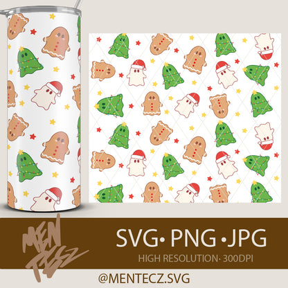 Cute Christmas Ghosts Tumbler & Libbey Glass Wrap | Festive Gingerbread & Ghost SVG PNG JPG | Holiday Sublimation Design 300DPI