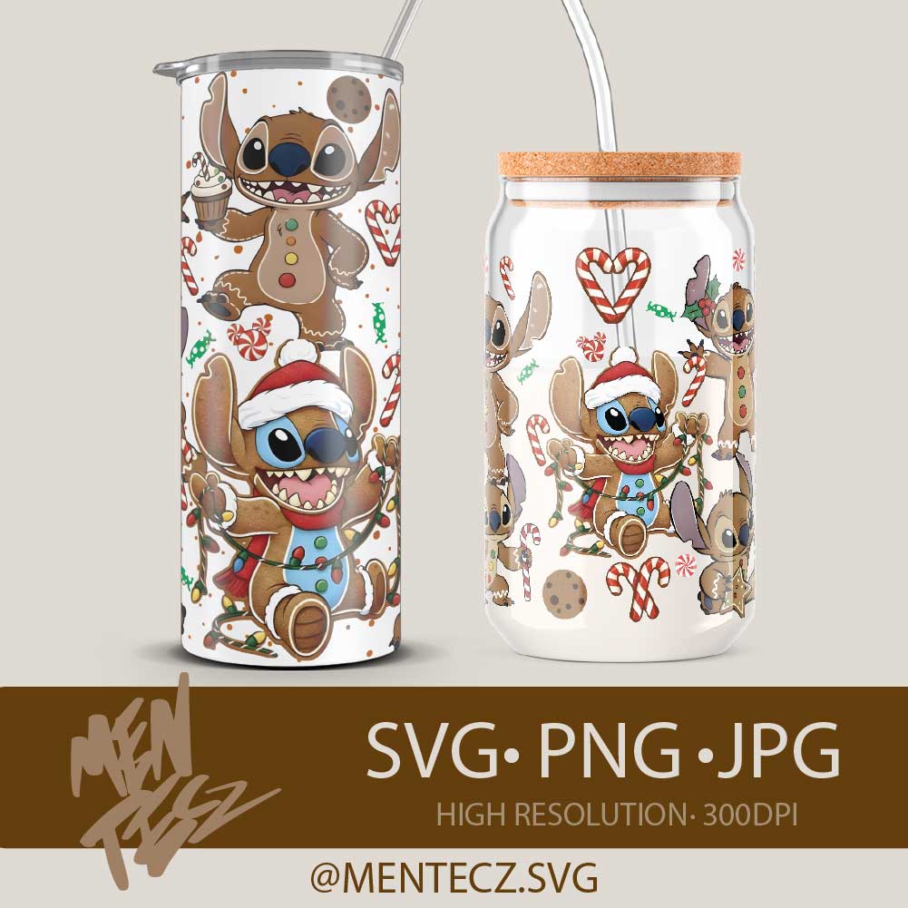 Christmas Stitch Gingerbread Wrap PNG | Libbey 16oz Glass Wrap & 20oz Tumbler Sublimation Design | Holiday Cute Disney Inspired