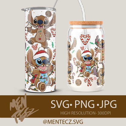 Christmas Stitch Gingerbread Wrap PNG | Libbey 16oz Glass Wrap & 20oz Tumbler Sublimation Design | Holiday Cute Disney Inspired