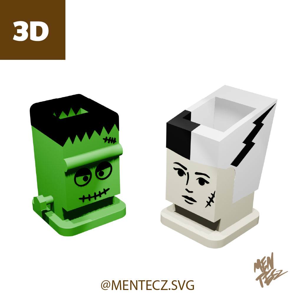 3D Frankenstein & Bride of Frankenstein Pen Holder Set | Cute Spooky Desk Organizer & Halloween Office Decor
