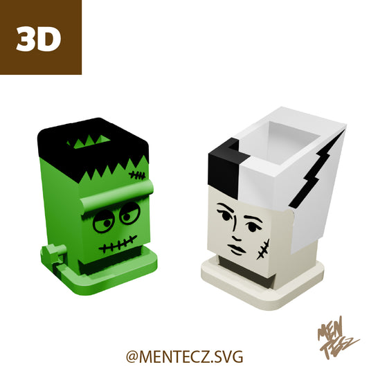 3D Frankenstein & Bride of Frankenstein Pen Holder Set | Cute Spooky Desk Organizer & Halloween Office Decor