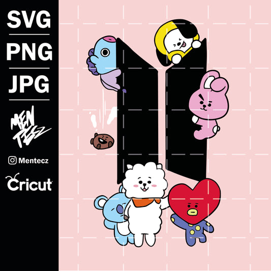 BTS svg / Adorable BT21  BTS members hiding behind the logo svg/ svg files for Cricut and Silhouette/ Kpop star svg/ Clean cut svg file