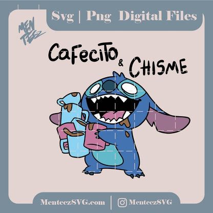Stitch Cafecito y Chisme SVG and PNG files for cricut and other crafts, jpg, bubble coffee svg